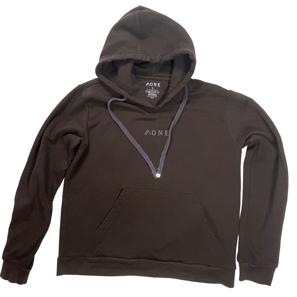 Aone Mens Pullover Hoodie Brown Fleece Logo Sweatshirt Size L CA59331